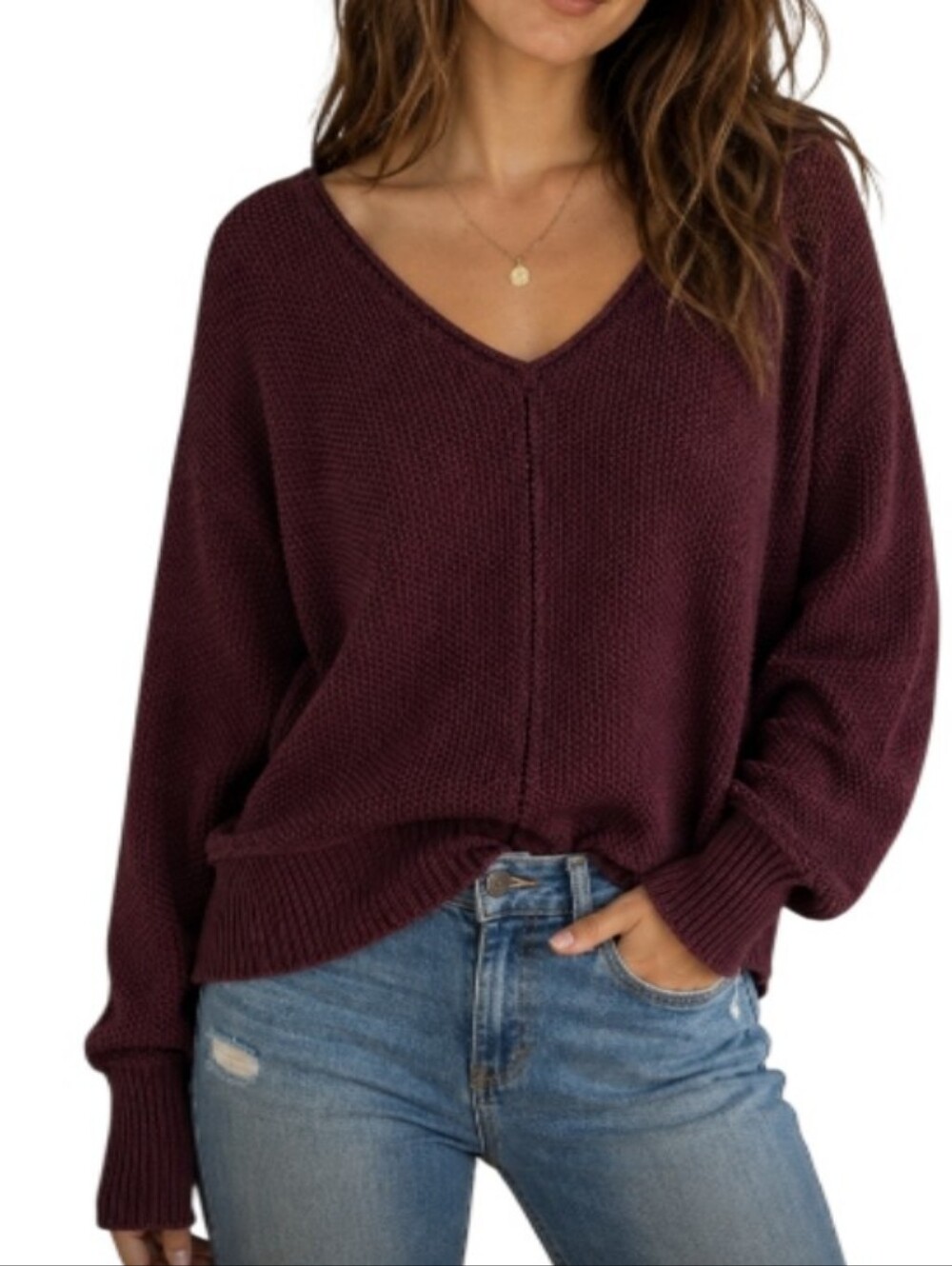 Lucky Brand Deep Plum V-Neck Cable Knit Sweater-NWT